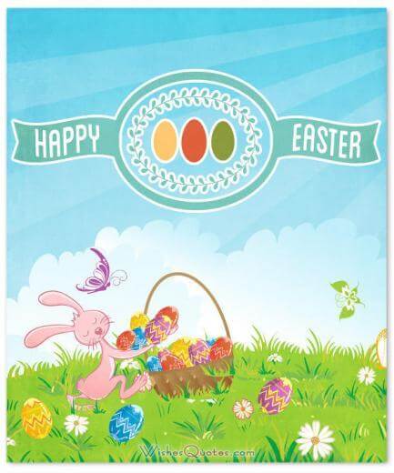Happy Easter. Cute happy Easter card with bunny and many eggs.