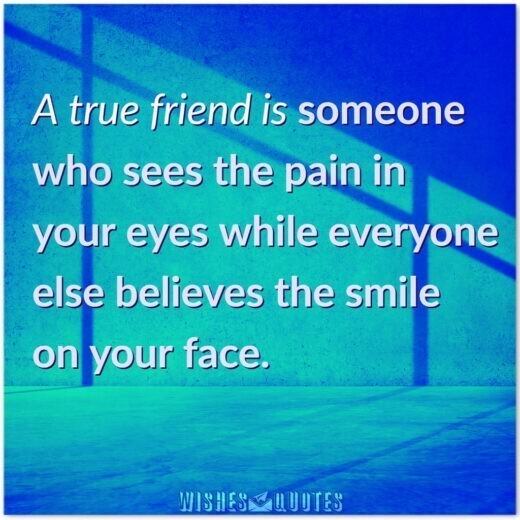 A true friend is someone who sees the pain in your eyes while everyone else believes the smile on your face. A true friend is someone who sees the pain in your eyes while everyone else believes the smile on your face.