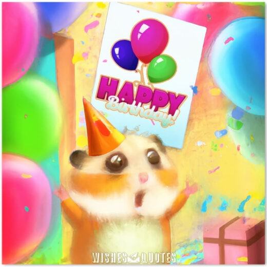 cute hamster with a birthday hat holding a big Happy Birthday sign