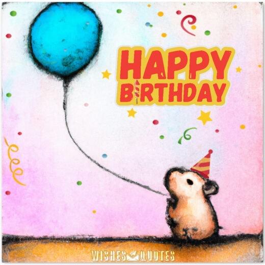 Watercolor drawing of a cute hamster holding a balloon and wishing Happy Birthday