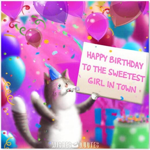 digital art of a room full of birthday ballons a birthday cake and colorfull background and a very cute cat with a birthday hat holding a big birthday sign