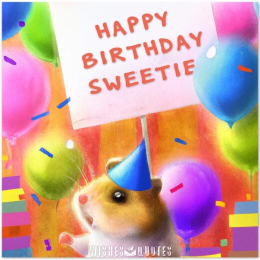 Birthday card with a room full of balloons and a very cute hamster with a birthday hat holding a big Happy Birthday sign