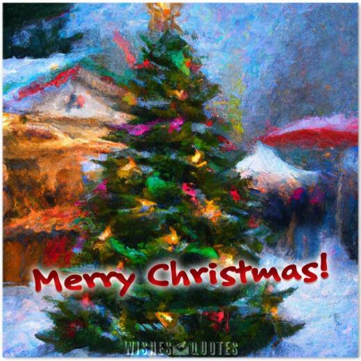 Oil painting of a Christmas tree with many lights in a Christmas market full of Christmas gifts and snow